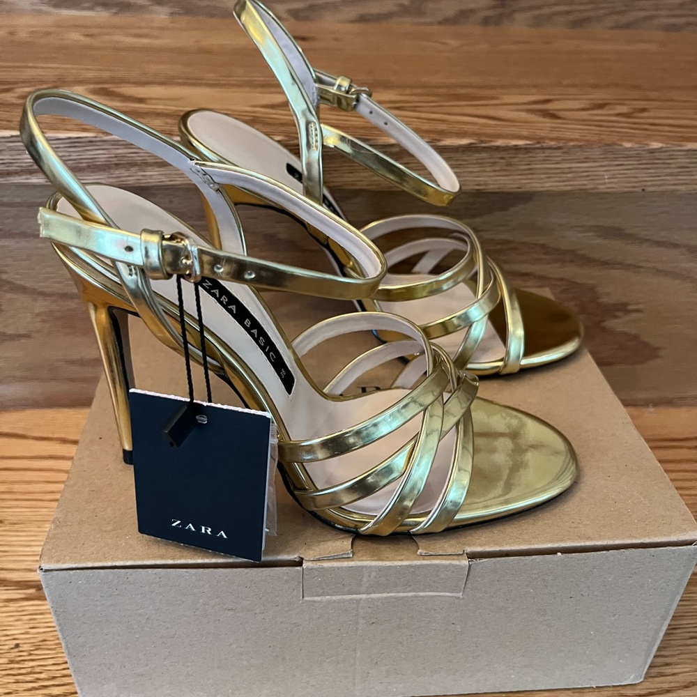Zara Metallic Gold Strappy Heels